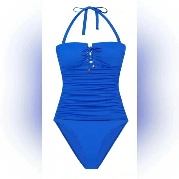Ralph Lauren Royal Blue Lace-Up Bandeau Tummy-Control One-Piece Swimsuit Size 12 - Picture 6 of 11